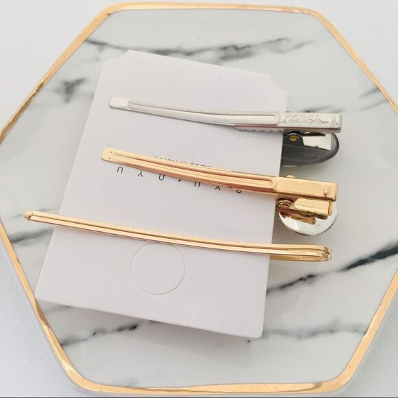 Set of 3 Pearl Gray Marble Gold Hair Pin Barrettes NWT - Picture 5 of 7